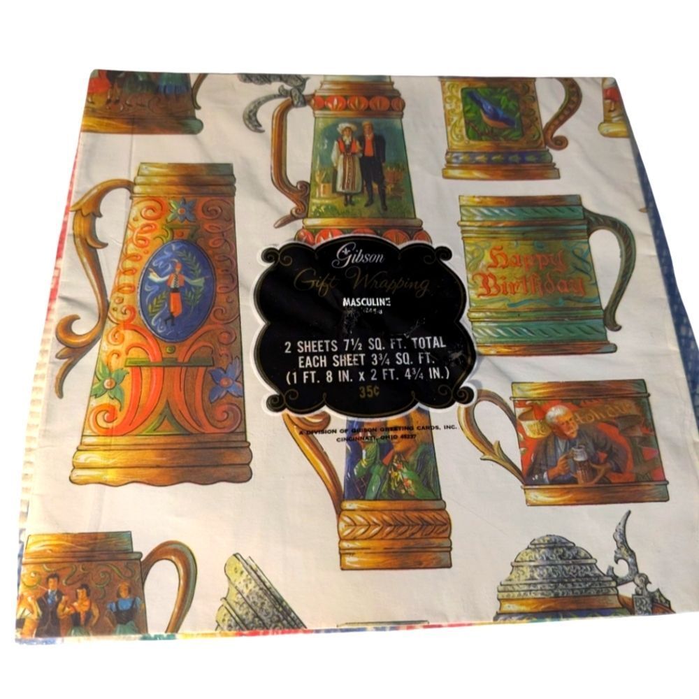 Vintage Gibson Bear Stein Mug Happy Birthday Wrapping Paper NIP Rare